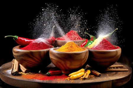 Colorful spices in wooden bowls and peppers. Spices and seasonings powder splash. Generative AI.の素材