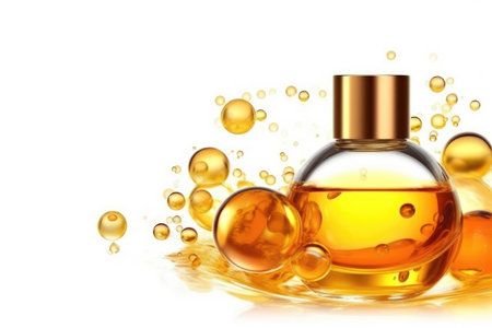 Golden yellow abstract oil bubbles or face serum isolated on white background. Generative AIの素材