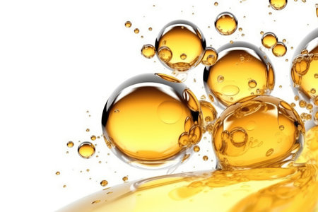 Golden yellow abstract oil bubbles or face serum isolated on white background. Generative AIの素材