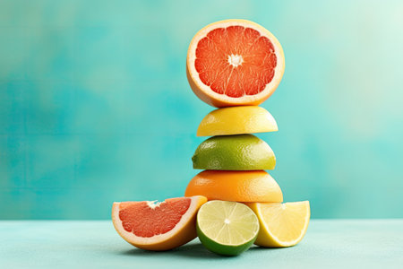 Balancing citrus fruits on the table. Generative AI.の素材