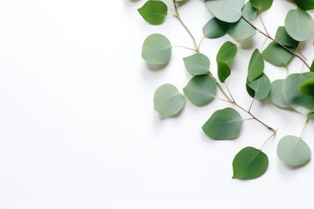 Eucalyptus leaves on white background. Flat lay, top view, copy space. Generative AIの素材