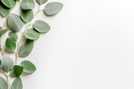 Eucalyptus leaves on white background. Flat lay, top view, copy space. Generative AIの素材