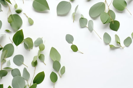 Eucalyptus leaves on white background. Flat lay, top view, copy space. Generative AIの素材