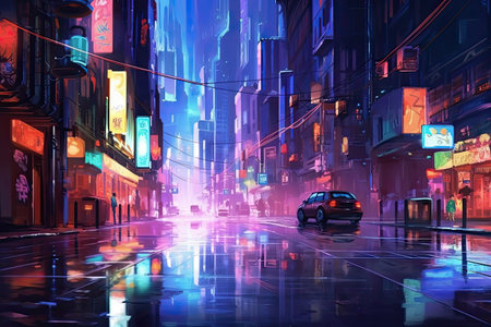 Neon mega city with light reflection from puddles on street. AI Generativeの素材
