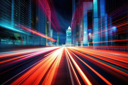 Abstract long exposure dynamic speed light trails in city street. AI Generativeの素材