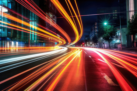 Abstract long exposure dynamic speed light trails in city street. AI Generativeの素材