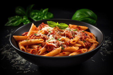 Penne pasta with tomato sauce, parmesan cheese and basil. AI Generativeの素材