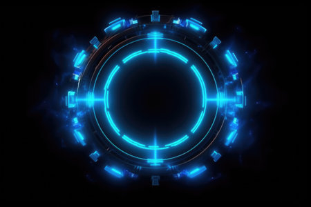 Neon blue color geometric circle on a dark background. AI Generativeの素材