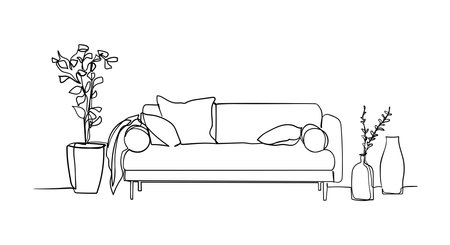 Continuous one line drawing of sofa and potted plants. Scandinavian stylish furniture in simple linear style. vector illustrationのイラスト素材