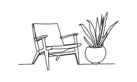 Continuous one line drawing of armchair and potted plant. Scandinavian stylish furniture in simple linear style. vector illustrationのイラスト素材