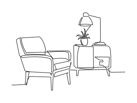 Continuous line interior with armchair, plant, lamp. Living room with modern furniture. vector illustrationのイラスト素材