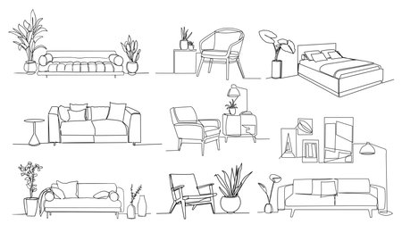 A collection of contemporary furniture and home furnishings. continuous one line drawing. vector illustrationのイラスト素材
