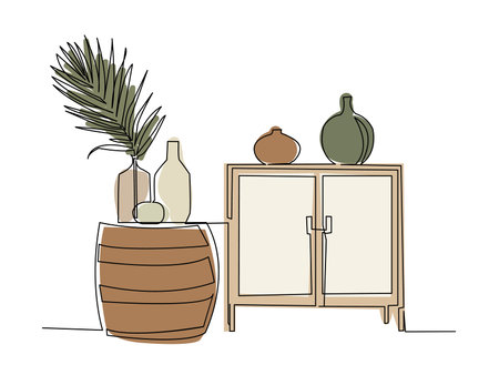 Continuous one line drawing of bedside table and vases. Vector illustrationのイラスト素材
