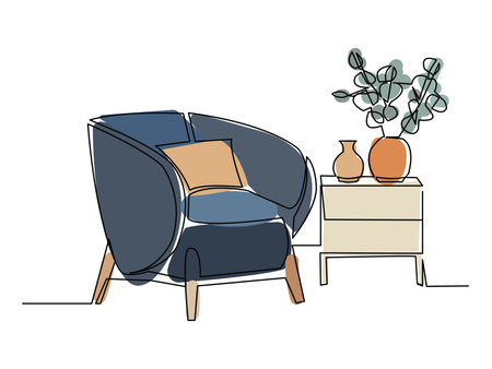 Continuous one line drawing of armchair and potted plants. Scandinavian stylish furniture in simple linear style. vector illustrationのイラスト素材