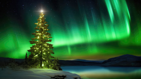 Winter landscape background with northern lights and spruce with lights.の素材