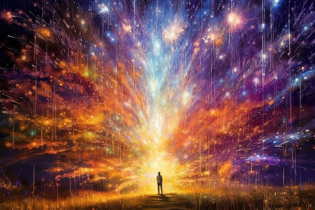 Brightly colorful fireworks in the night sky with stars.の素材