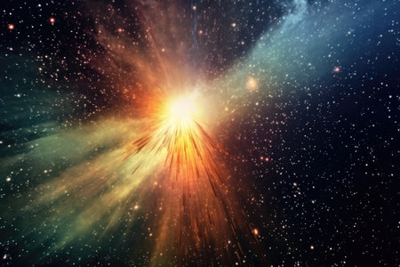 Brightly colorful fireworks in the night sky with stars.の素材