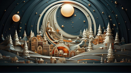 Futuristic christmas concept. Christmas origami art style poster with houses and firs.の素材
