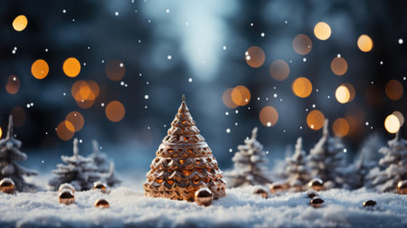Christmas and New Year's background with decorated Christmas tree against background of evening winter forest, bokeh.の素材