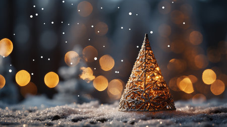 Christmas and New Year's background with decorated Christmas tree against background of evening winter forest, bokeh.の素材