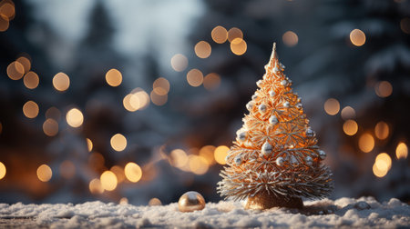 Christmas and New Year's background with decorated Christmas tree against background of evening winter forest, bokeh.の素材