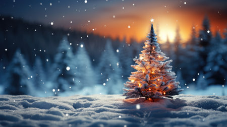 Christmas and New Year's background with decorated Christmas tree against background of evening winter forest, bokeh.の素材