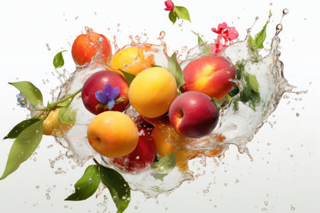 Nectarines peaches in a splash of water with leaves on a white background âの素材
