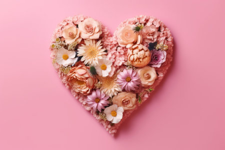Beautiful flowers laid out along the contour heart on pink background.の素材