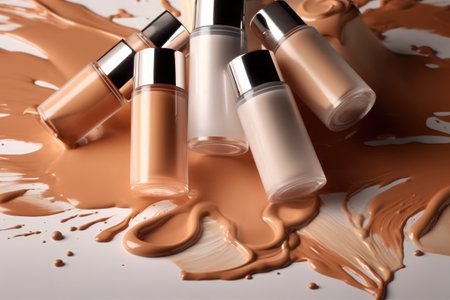 Foundation product bottles on splashes in liquid foundation. The concept of fashion and beauty industry.の素材