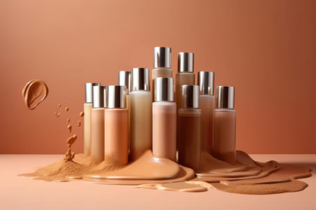 Foundation product bottles on splashes in liquid foundation. The concept of fashion and beauty industry.の素材