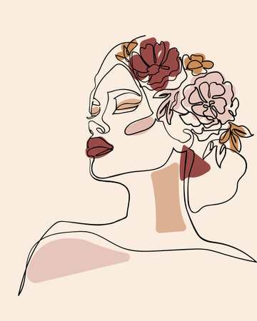 Woman face with flowers in her hair, line drawing art. -Vector illustrationのイラスト素材