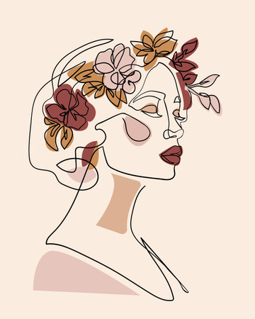 Woman face with flowers in her hair, line drawing art. -Vector illustrationのイラスト素材