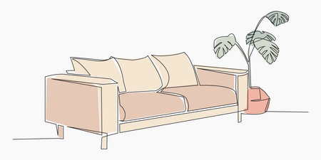 Continuous one line drawing of sofa and with potted plant. Single line. Vector illustrationのイラスト素材