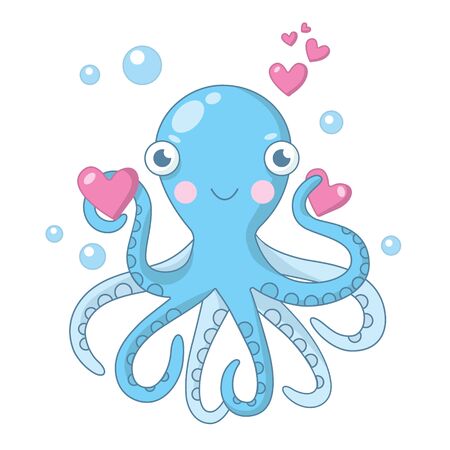 Vector illustration with a cute octopus in love isolated on white background. It can be used for poster, postcard, t-shirt print, flyer and other design.のイラスト素材
