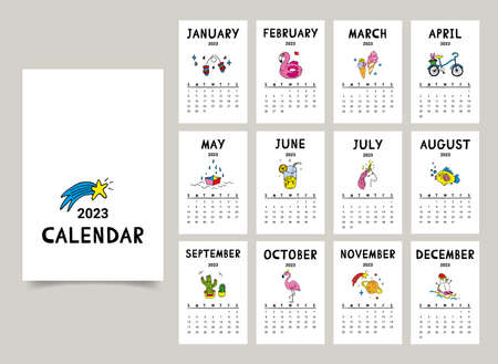 2023 calendar design with funny doodlesのイラスト素材