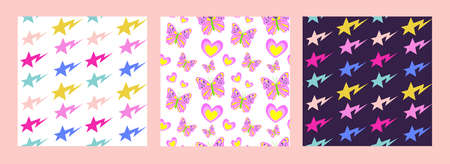 Retro hipster y2k aesthetic Textile Seamless Pattern set. Cute Glamorous style with srats and butterflyesのイラスト素材