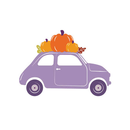 Vintage car illustration with small Halloween pumpkins on the roof. Autumn Thanksgiving quote on white background.のイラスト素材