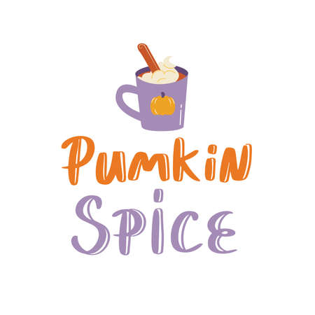 Pumpkin spice sign with cute coffee cup. Vector Autumn Thanksgiving quote on white background.のイラスト素材