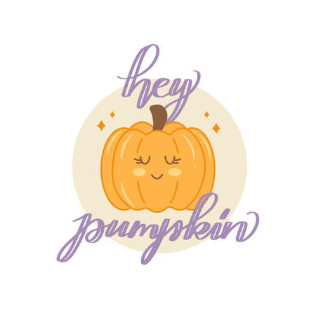 Hey pumpkin sign with cute pumpkin. Vector Autumn Thanksgiving quote on white background.のイラスト素材