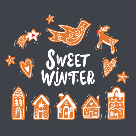 Christmas sign - Sweet winter with cute gingerbreads. Vector Winter quote on dark background.のイラスト素材