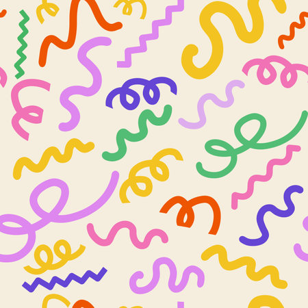 Trendy Y2K abstract vector seamless pattern. Colored doodles on a beige backgroundのイラスト素材