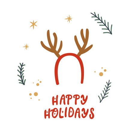 Christmas hand drawn doodle greeting card with happy holiday sign and reindeer antlers.のイラスト素材