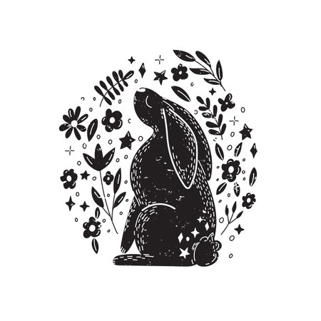 Magic rabbit with flowers in Scandinavian style. Minimalist mystic hare. Black and white.のイラスト素材