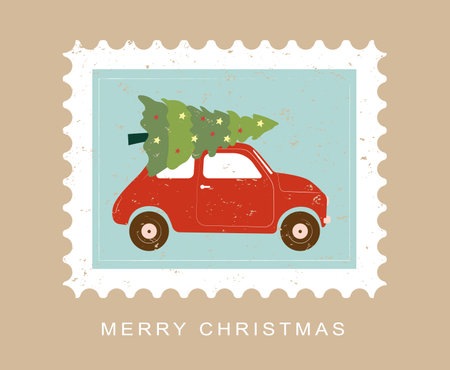 Christmas and Happy New Year postal stamp illustration with red car and tree. Trendy retro style. Vector design template.のイラスト素材