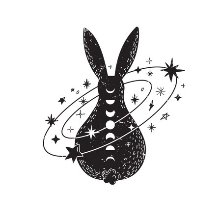 Magic rabbit with stars and space in Scandinavian style. Minimalist mystic hare. Black and white.のイラスト素材