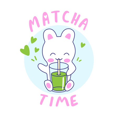 Kawaii vector bunny with matcha tea cup. Cute little rabbit and japanese green matcha tea. Inscription matcha time.のイラスト素材