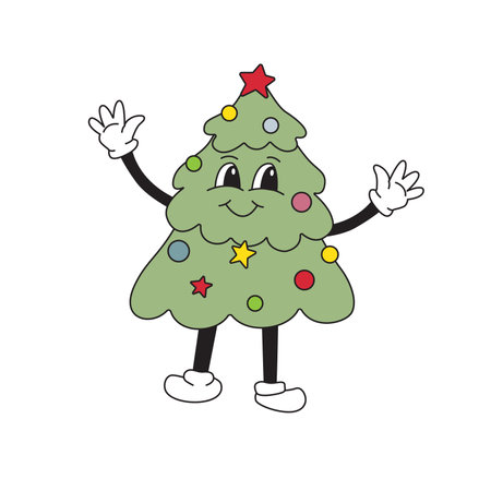 Cartoon Christmas tree mascot character 40s, 50s, 60s old animation style. Vintage comic in trendy cool retro style.のイラスト素材