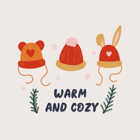 Set of warm winter hats, with bunny ears. Cute doodle style. Outerwear seasonal illustrationのイラスト素材