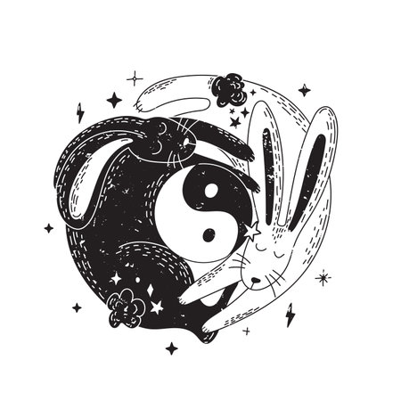 Magic Yin yang bunny. Two cute black and white rabbits with the shape of yin yang.のイラスト素材