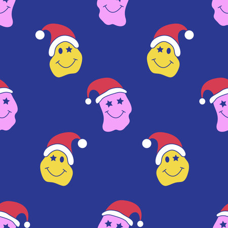 Seamless pattern with crazy smiley face in red Santa hat. Ttrippy groovy y2k styleのイラスト素材